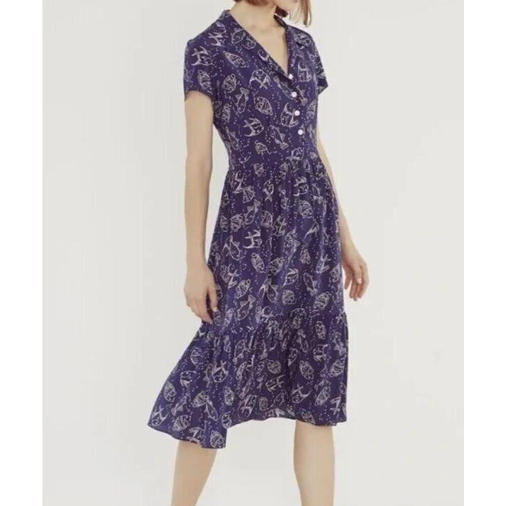 HVN Sz 8 Navy Silk Fish Print Charlotte Shirt Dress